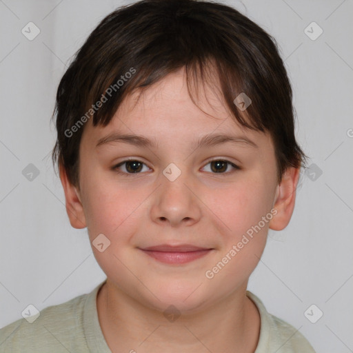 Joyful white child female with short  brown hair and brown eyes