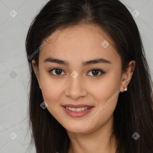 Joyful latino young-adult female with long  brown hair and brown eyes