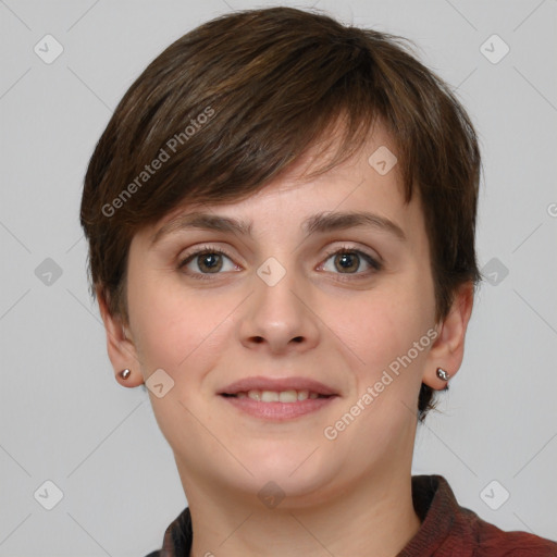 Joyful white young-adult female with medium  brown hair and grey eyes