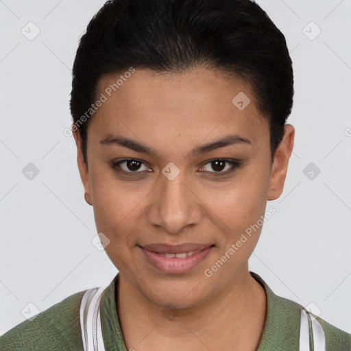 Joyful latino young-adult female with short  brown hair and brown eyes