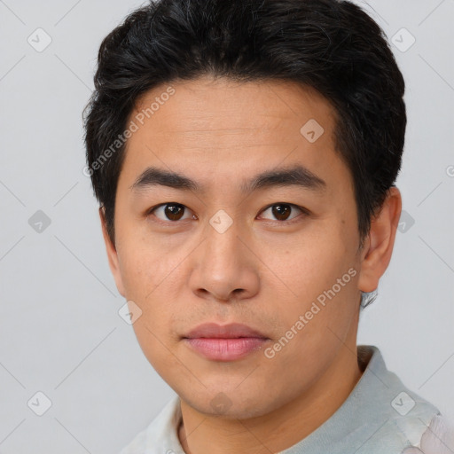 Neutral asian young-adult male with short  brown hair and brown eyes