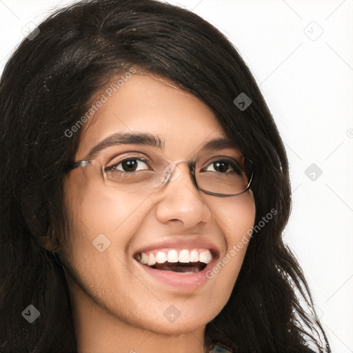 Joyful latino young-adult female with long  brown hair and brown eyes