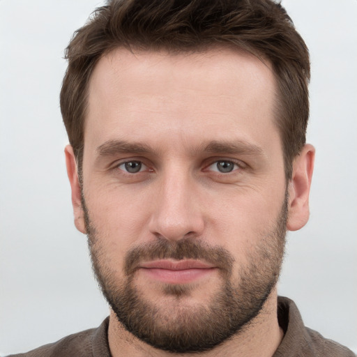 Joyful white young-adult male with short  brown hair and grey eyes