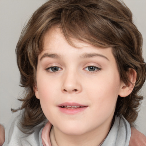 Joyful white child female with medium  brown hair and brown eyes