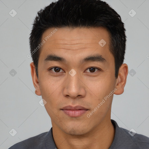 Neutral asian young-adult male with short  black hair and brown eyes