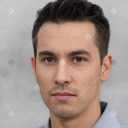 Neutral white young-adult male with short  brown hair and brown eyes