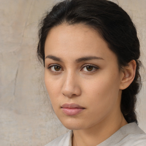 Neutral asian young-adult female with medium  brown hair and brown eyes