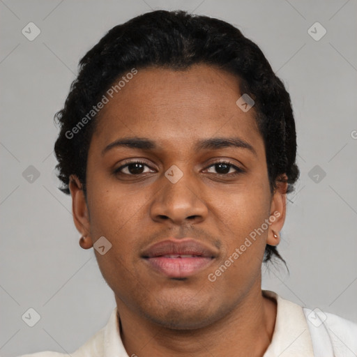 Neutral black young-adult female with short  black hair and brown eyes