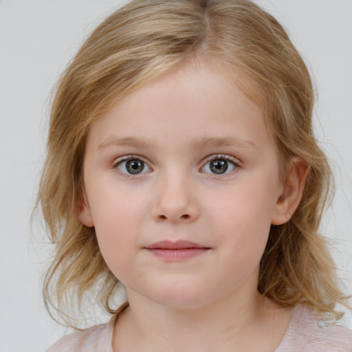 Neutral white child female with medium  brown hair and blue eyes