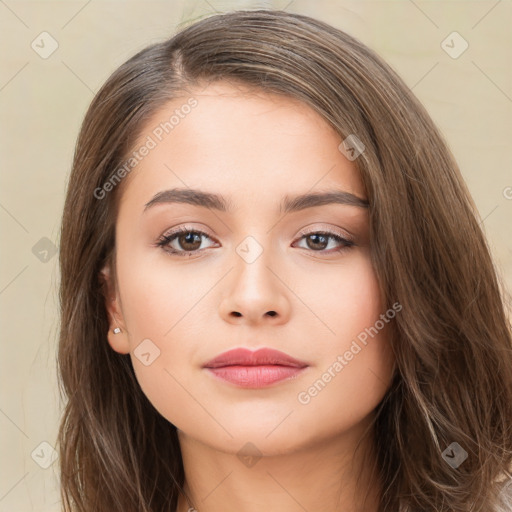 Neutral white young-adult female with long  brown hair and brown eyes