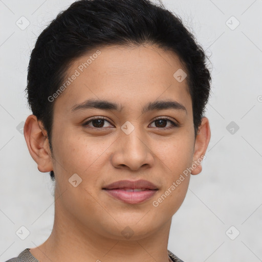 Joyful latino young-adult female with short  brown hair and brown eyes