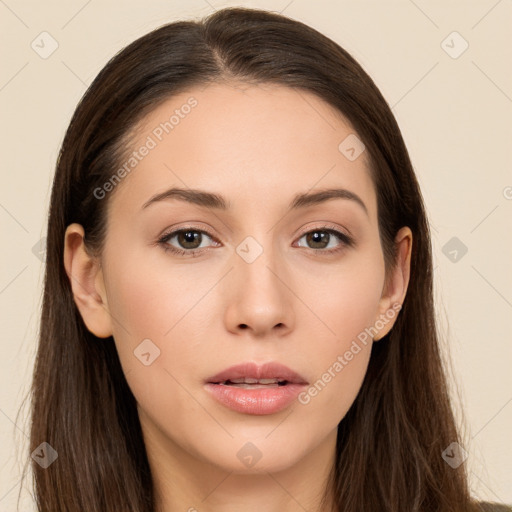 Neutral white young-adult female with long  brown hair and brown eyes