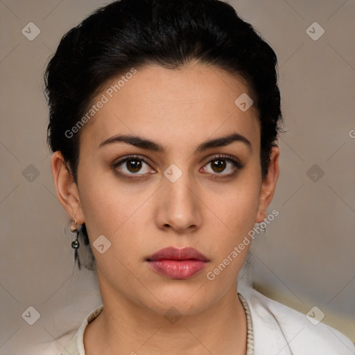 Neutral white young-adult female with short  brown hair and brown eyes