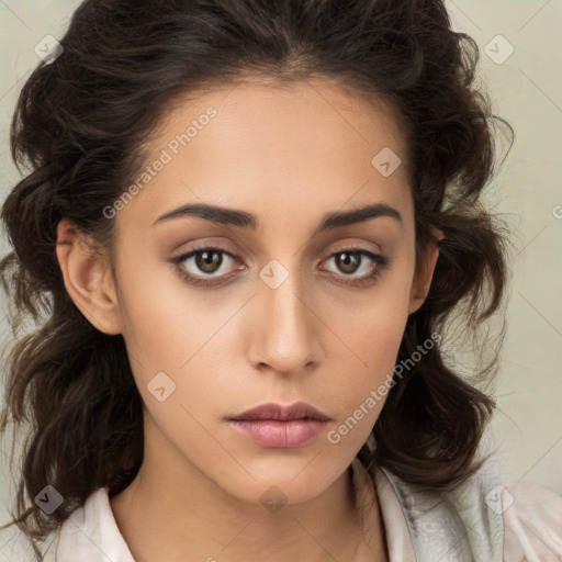 Neutral white young-adult female with medium  brown hair and brown eyes