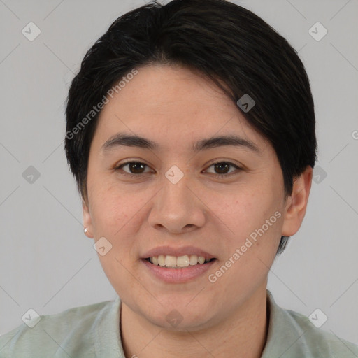 Joyful white young-adult female with short  black hair and brown eyes