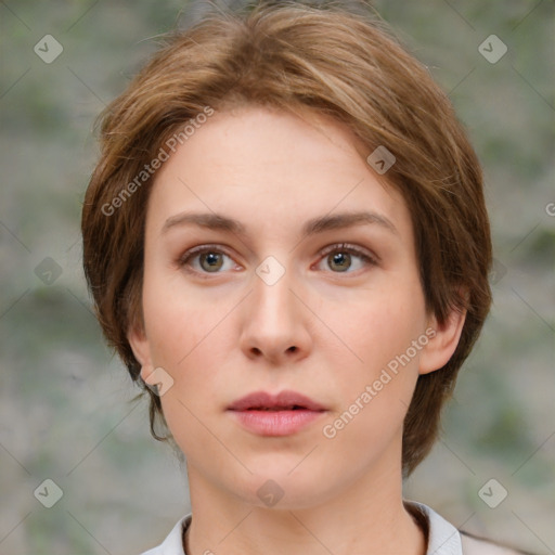 Neutral white young-adult female with medium  brown hair and brown eyes