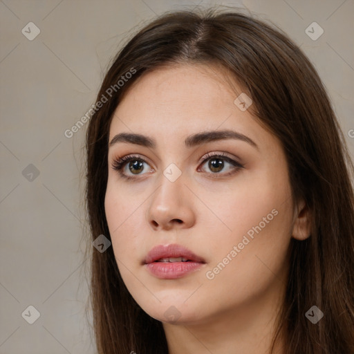 Neutral white young-adult female with long  brown hair and brown eyes