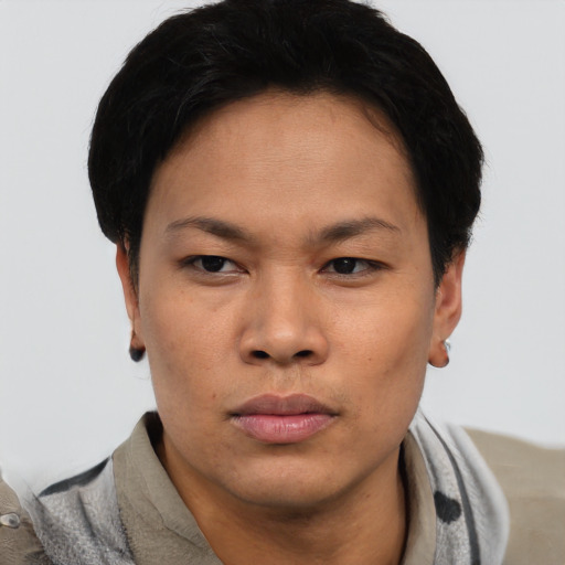 Neutral asian young-adult female with short  black hair and brown eyes