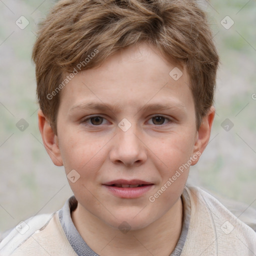 Joyful white child male with short  brown hair and grey eyes