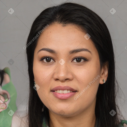 Joyful asian young-adult female with long  black hair and brown eyes