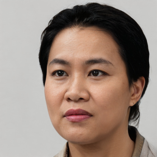 Joyful asian young-adult female with medium  black hair and brown eyes