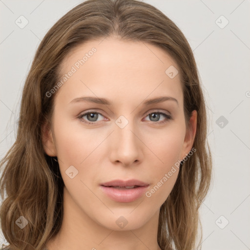 Neutral white young-adult female with long  brown hair and grey eyes