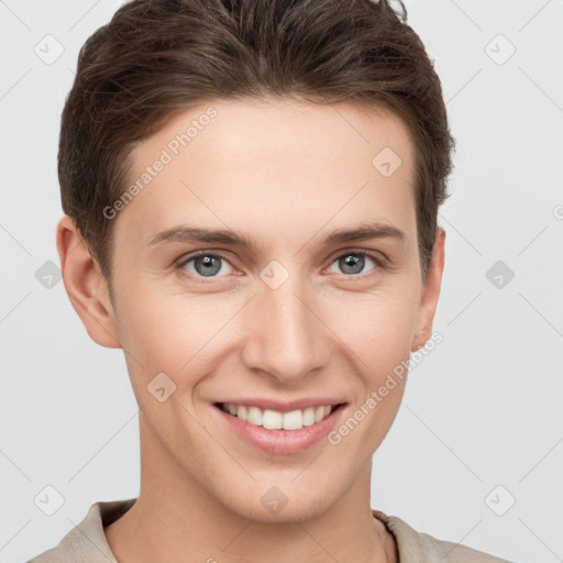 Joyful white young-adult female with short  brown hair and grey eyes