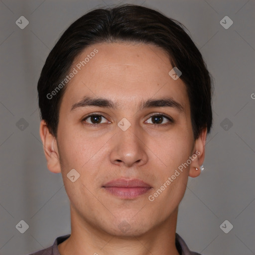 Joyful white young-adult male with short  brown hair and brown eyes