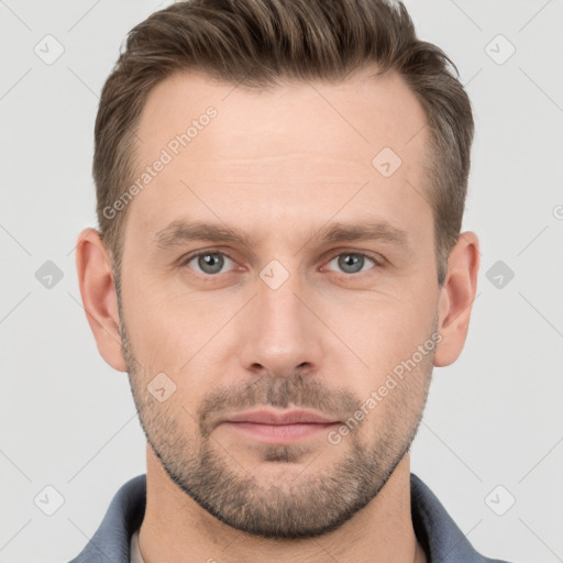 Neutral white young-adult male with short  brown hair and grey eyes