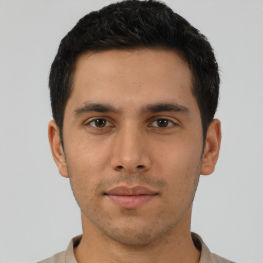 Neutral asian young-adult male with short  brown hair and brown eyes