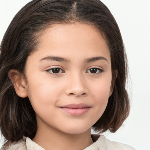 Joyful white child female with medium  brown hair and brown eyes