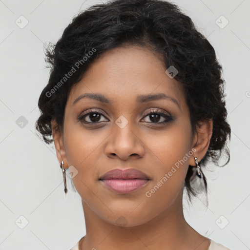 Joyful latino young-adult female with medium  brown hair and brown eyes