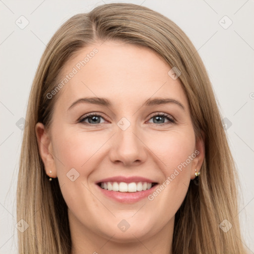 Joyful white young-adult female with long  brown hair and grey eyes