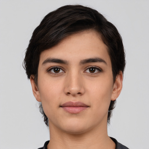 Neutral white young-adult female with short  black hair and brown eyes