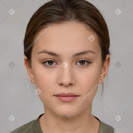 Neutral white young-adult female with medium  brown hair and brown eyes