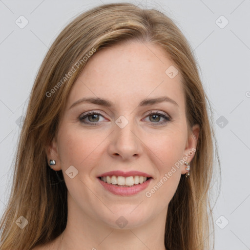 Joyful white young-adult female with long  brown hair and grey eyes