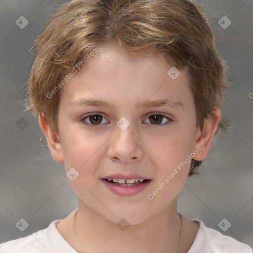 Joyful white child female with medium  brown hair and brown eyes