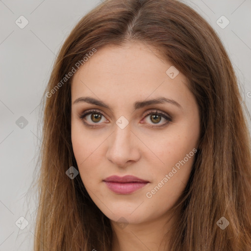 Neutral white young-adult female with long  brown hair and brown eyes