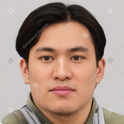 Neutral asian young-adult male with short  brown hair and brown eyes