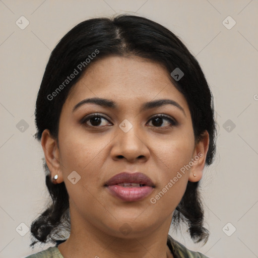 Joyful asian young-adult female with medium  black hair and brown eyes