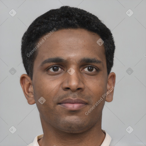Neutral black young-adult male with short  black hair and brown eyes