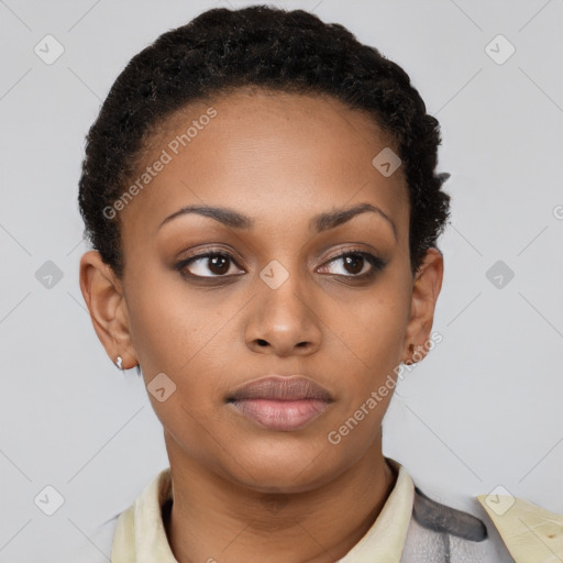 Neutral black young-adult female with short  black hair and brown eyes