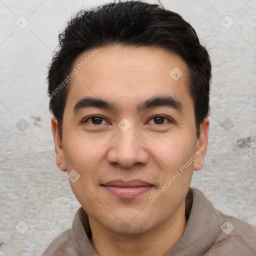 Joyful white young-adult male with short  black hair and brown eyes