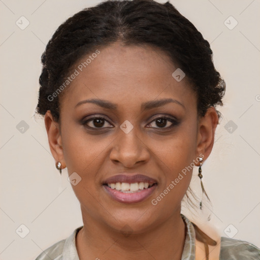 Joyful latino young-adult female with short  brown hair and brown eyes