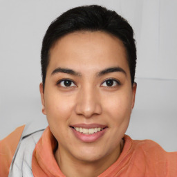 Joyful asian young-adult female with short  black hair and brown eyes