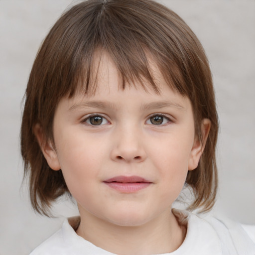 Neutral white child female with medium  brown hair and grey eyes