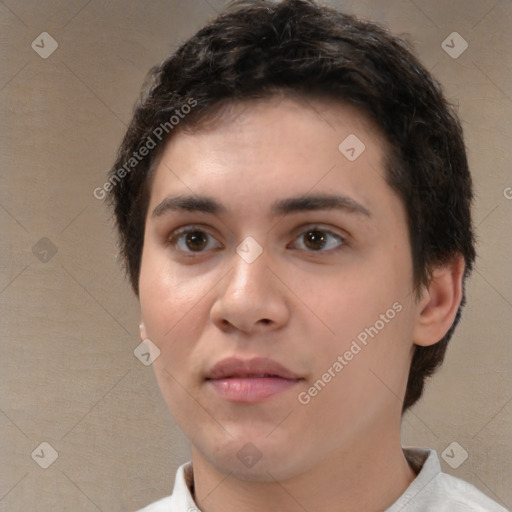 Neutral white young-adult female with short  brown hair and brown eyes