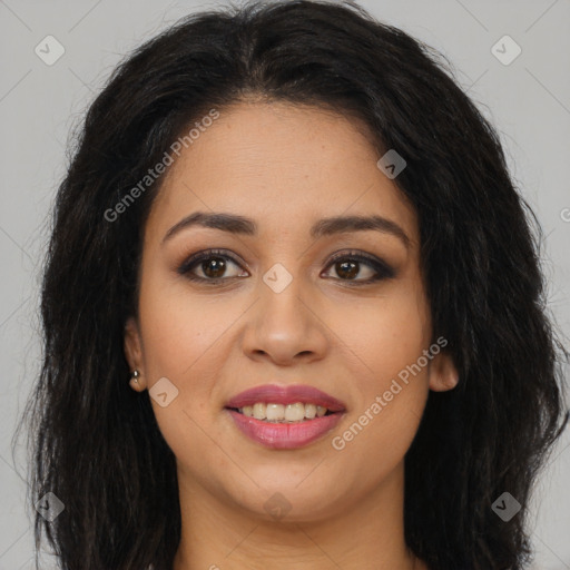 Joyful latino young-adult female with long  brown hair and brown eyes