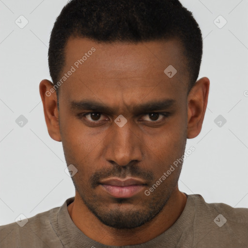 Neutral black young-adult male with short  black hair and brown eyes