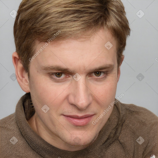 Joyful white adult male with short  brown hair and grey eyes